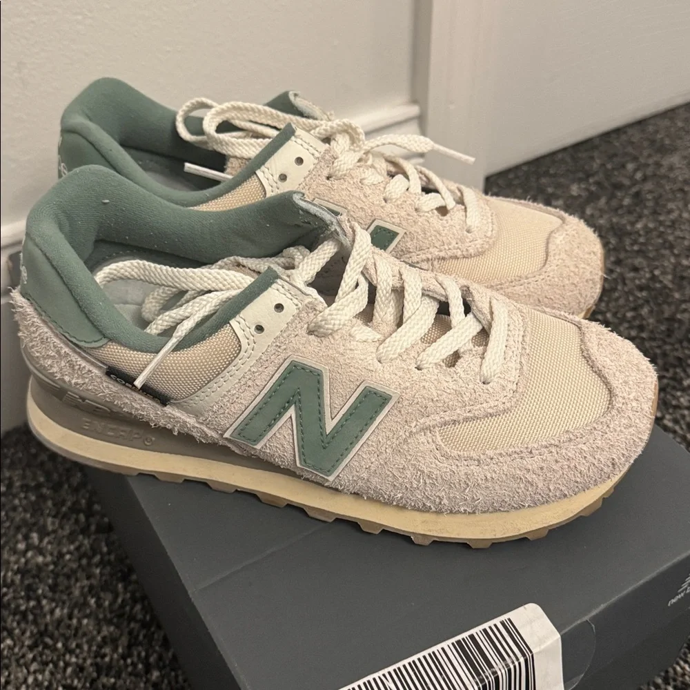 New Balance Beige and Green 574 Sneakers - Picture 2 of 5